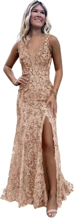 LORIE Sparkly Sequin Mermaid Prom Dresses for Women 2025 Long V Neck Applique Formal Evening Gown with Slit
