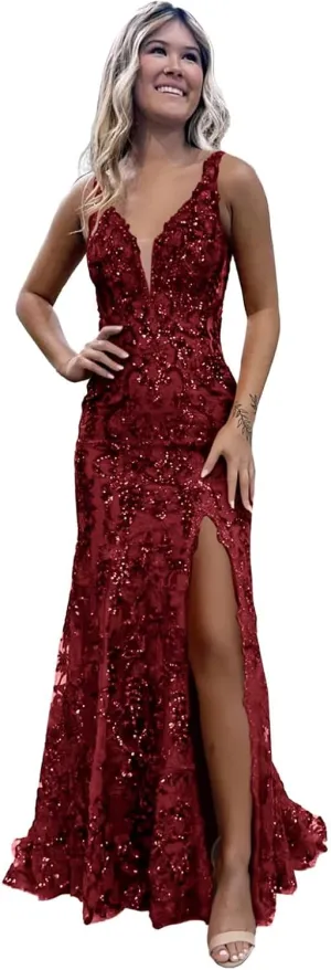 LORIE Sparkly Sequin Mermaid Prom Dresses for Women 2025 Long V Neck Applique Formal Evening Gown with Slit