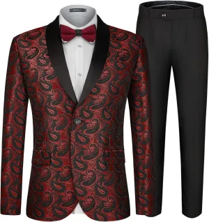 MAGE MALE Men's 2 Piece Slim Fit Floral Tuxedo Suit Paisley Peak Lapel One Button Single Breasted Suit Jacket Pants Set