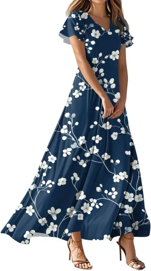 Maxi Dresses for Women,2025 Summer Elegant V Neck Short Sleeve Floral Beach Dress,Flowy Ruched Boho Vacation Dress