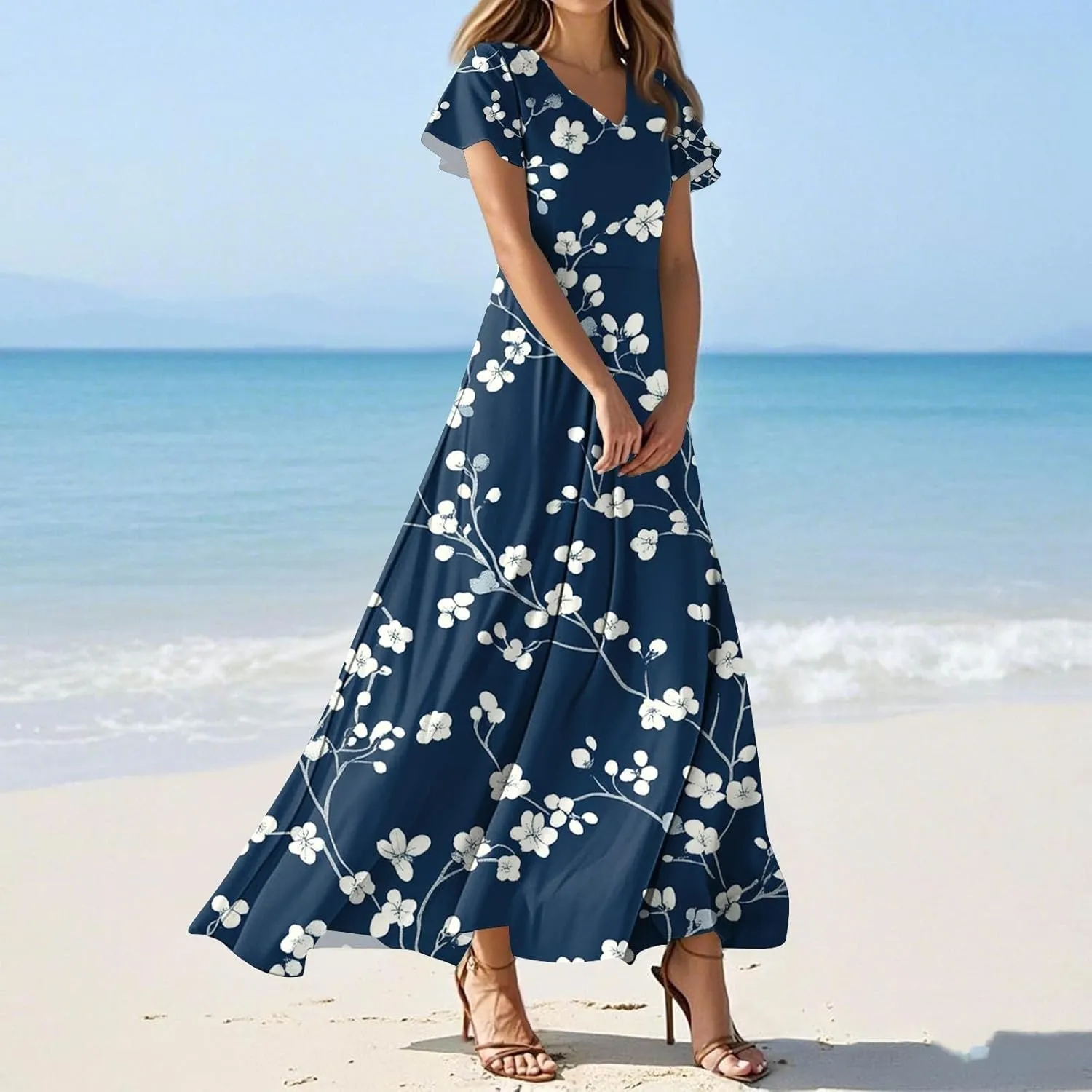 Maxi Dresses for Women,2025 Summer Elegant V Neck Short Sleeve Floral Beach Dress,Flowy Ruched Boho Vacation Dress