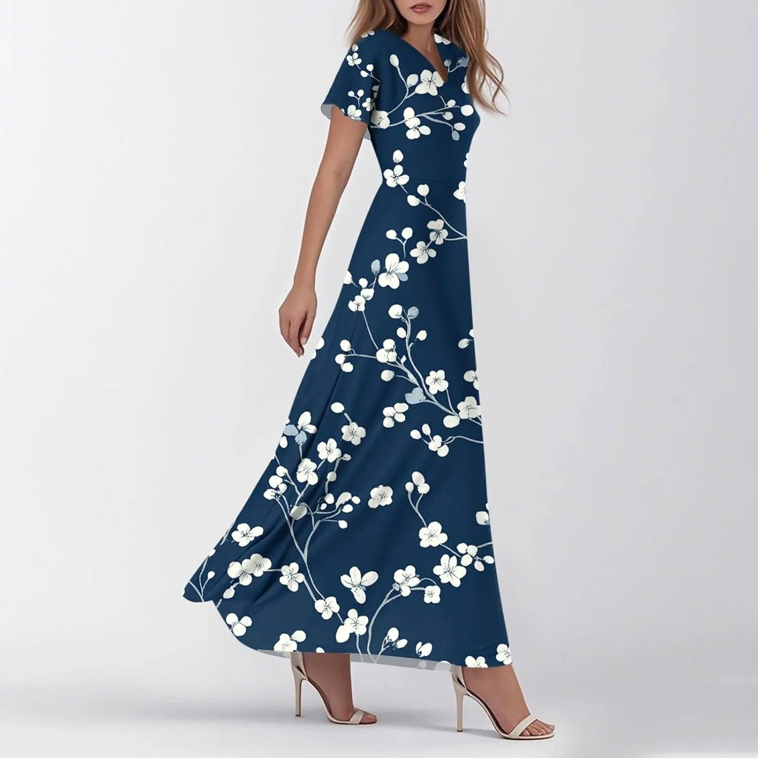 Maxi Dresses for Women,2025 Summer Elegant V Neck Short Sleeve Floral Beach Dress,Flowy Ruched Boho Vacation Dress