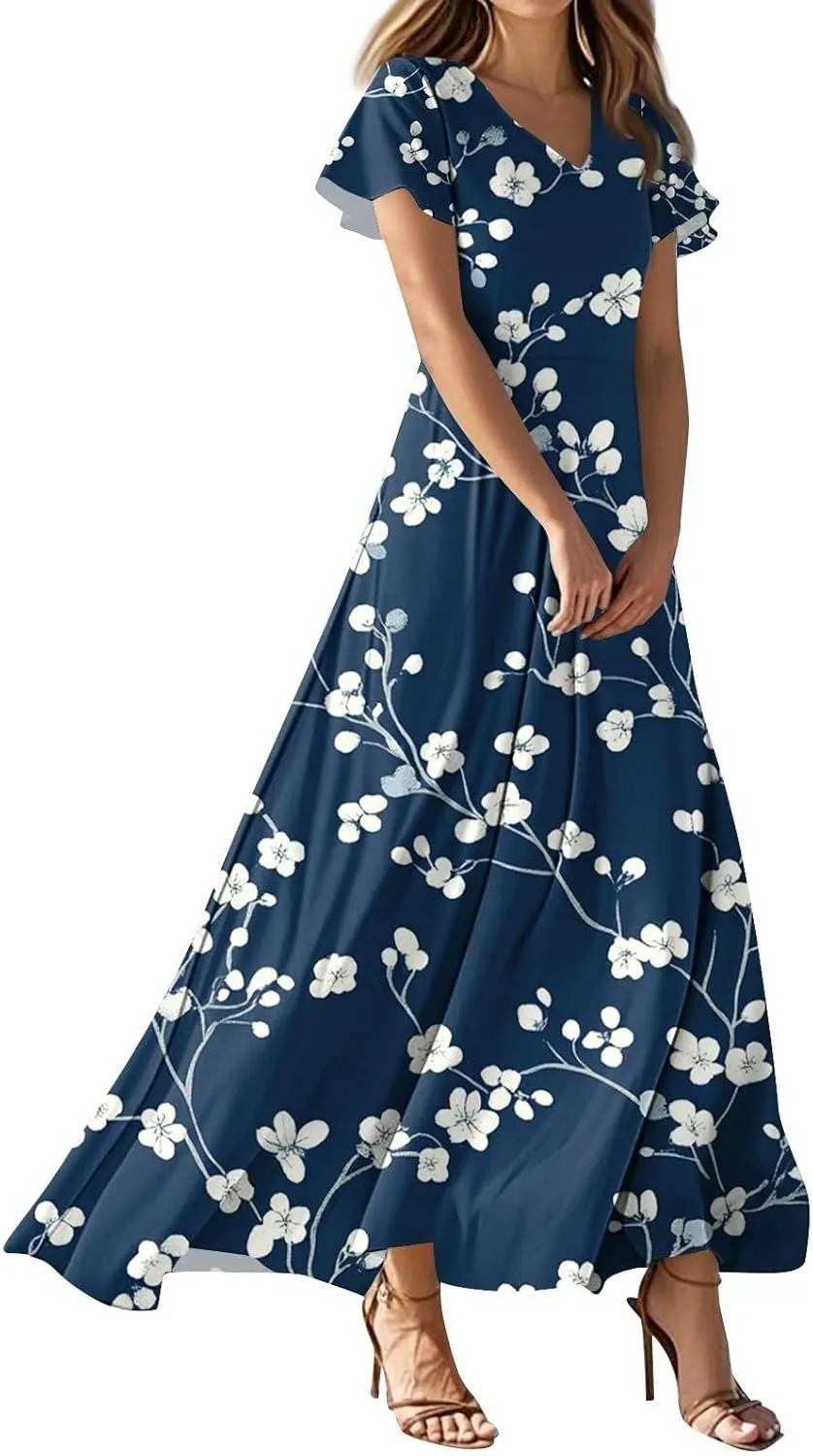 Maxi Dresses for Women,2025 Summer Elegant V Neck Short Sleeve Floral Beach Dress,Flowy Ruched Boho Vacation Dress