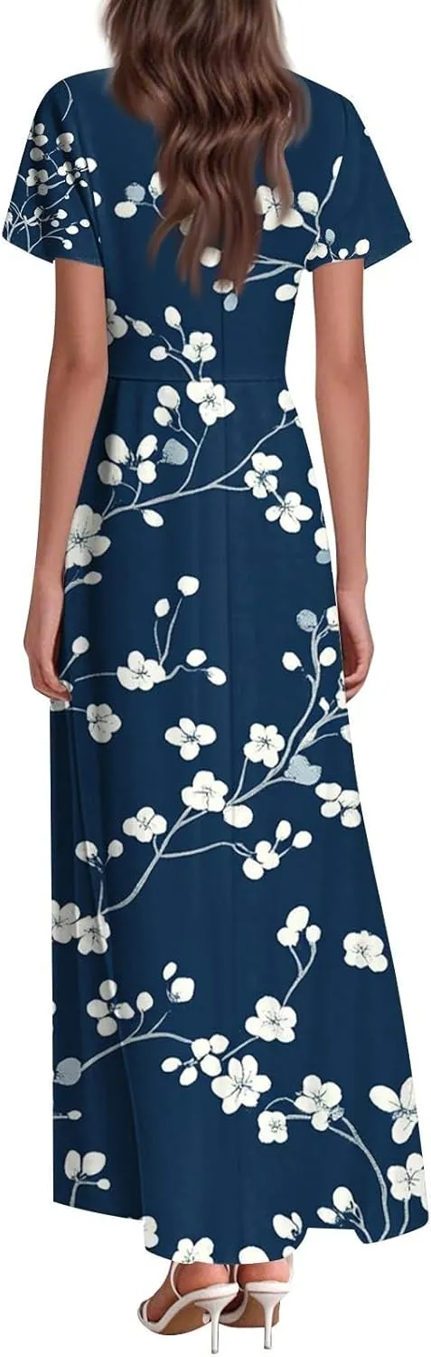 Maxi Dresses for Women,2025 Summer Elegant V Neck Short Sleeve Floral Beach Dress,Flowy Ruched Boho Vacation Dress