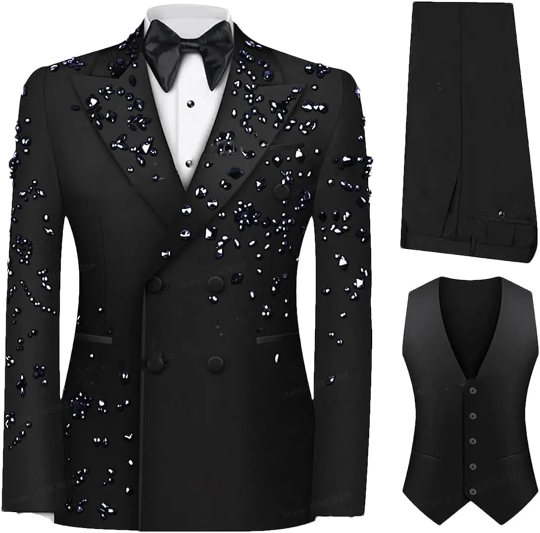 Men's Luxury Slim Fit 3 Pieces Suits, Jewel Decoraction Jacket Vest Pants Suit Set for Party Prom Wedding Groom
