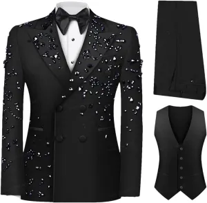 Men's Luxury Slim Fit 3 Pieces Suits, Jewel Decoraction Jacket Vest Pants Suit Set for Party Prom Wedding Groom