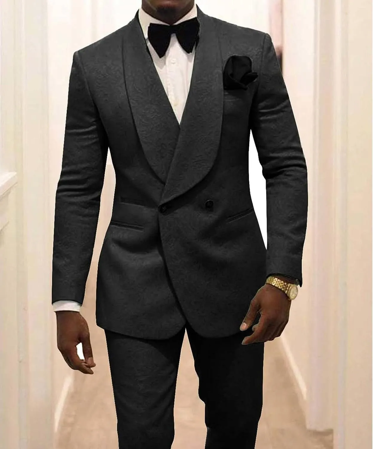 Men's Two Piece Shawl Lapel Suit Jacquard Tuxedo for Wedding Daily Business Blazer Pant Set