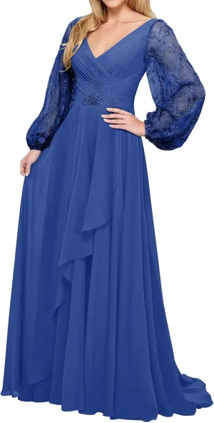 Mother of The Bride Dresses Chiffon Wedding Guest Dresses for Women Formal Evening Gowns Long Sleeve