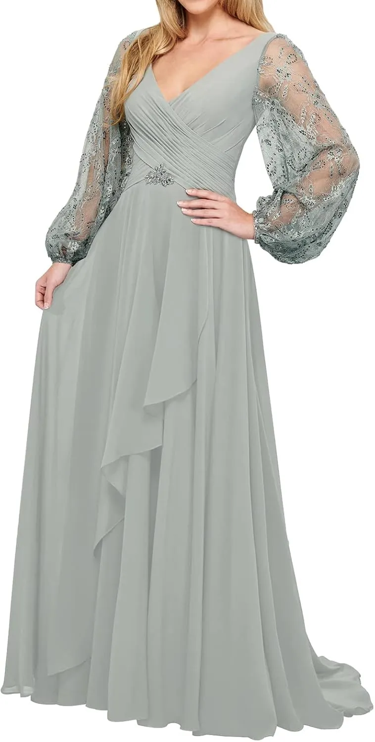 Mother of The Bride Dresses Chiffon Wedding Guest Dresses for Women Formal Evening Gowns Long Sleeve