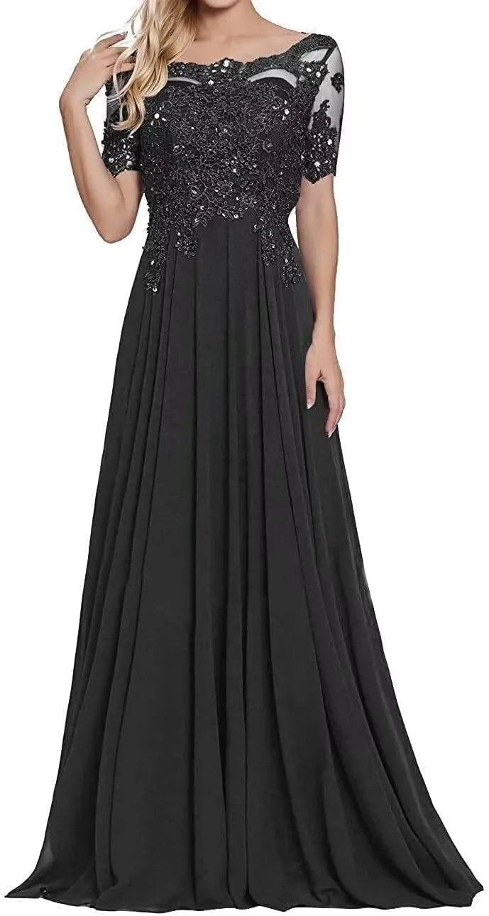 Mother of The Bride Dresses for Women A-Line Floor Length Lace Evening Gowns Applique Beaded Chiffon Wedding Guest Dress