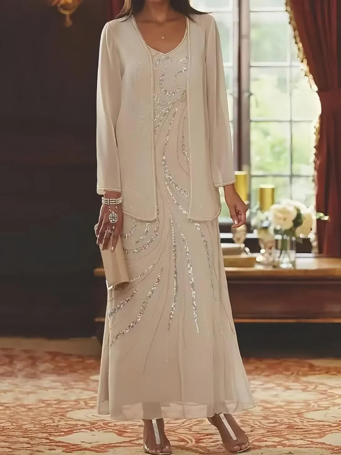 Mother of The Bride Dresses Long Sleeve Lace Sequin Wedding Party Gowns with Jacket