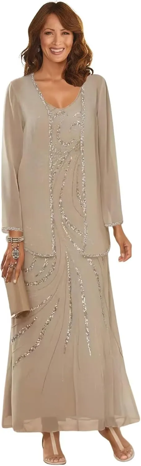 Mother of The Bride Dresses Long Sleeve Lace Sequin Wedding Party Gowns with Jacket