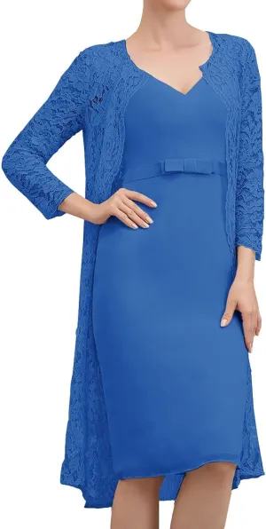 Mother of The Bride Dresses with Jacket Lace Chiffon Wedding Guest Dresses for Women Short Evening Dress