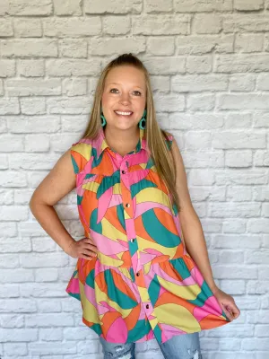 Multicolor Abstract Geometric Print Sleeveless Shirt