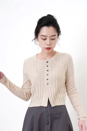 Oatmeal stripes knit cardigan in crop cut