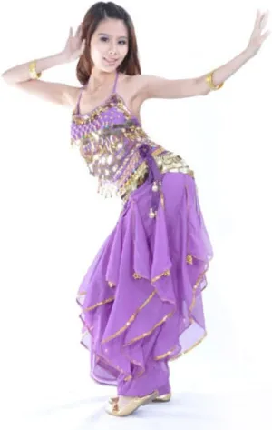 Pilot-trade Lady's Belly Dance Costume Set Top Tribal Gold Wavy Harem Pants Hip Scarf Gold Coins Purple