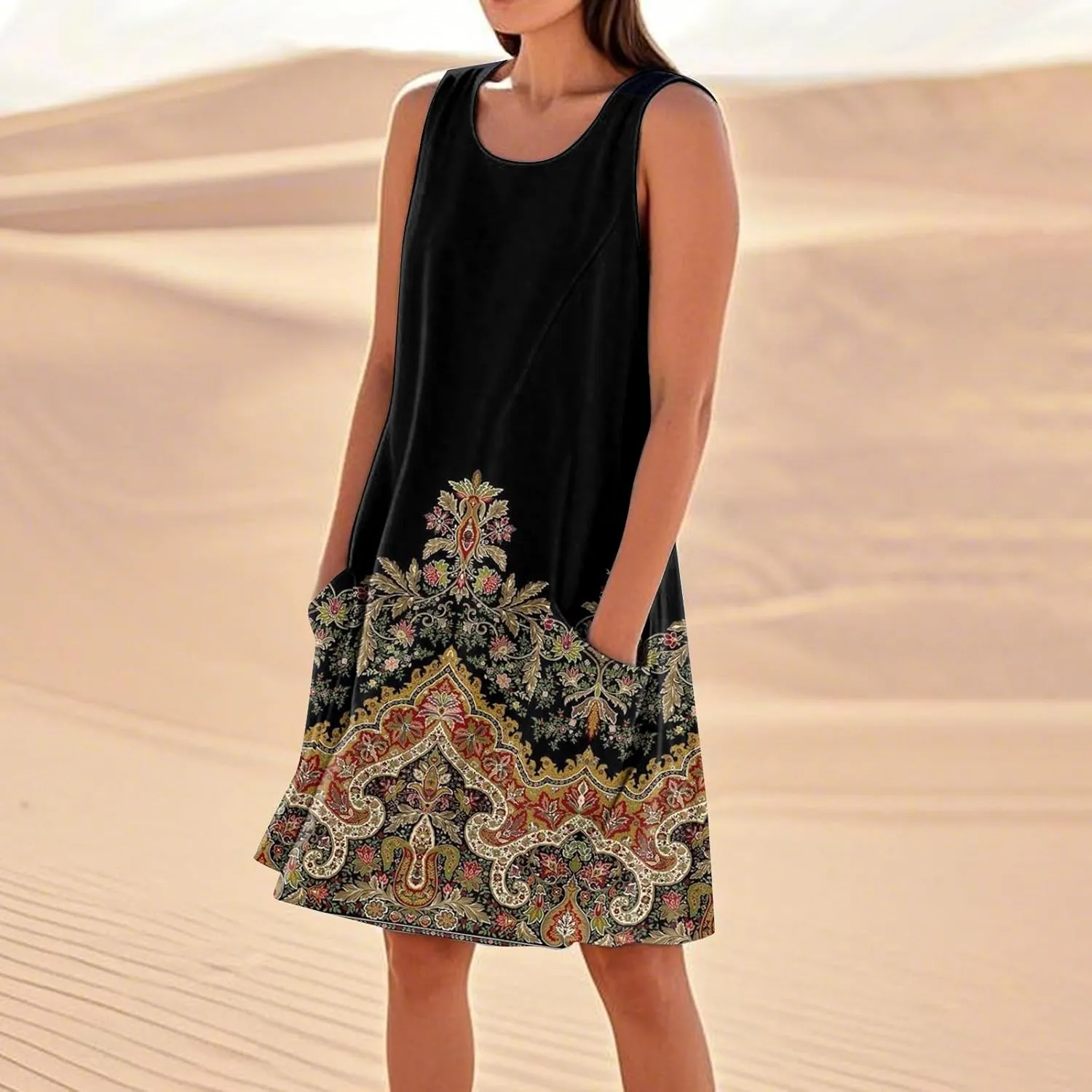 Plus Size Cotton Linen Midi Summer Dresses for Curvy Women 2025 Sleeveless Vacation Beach Sundresses with Pockets