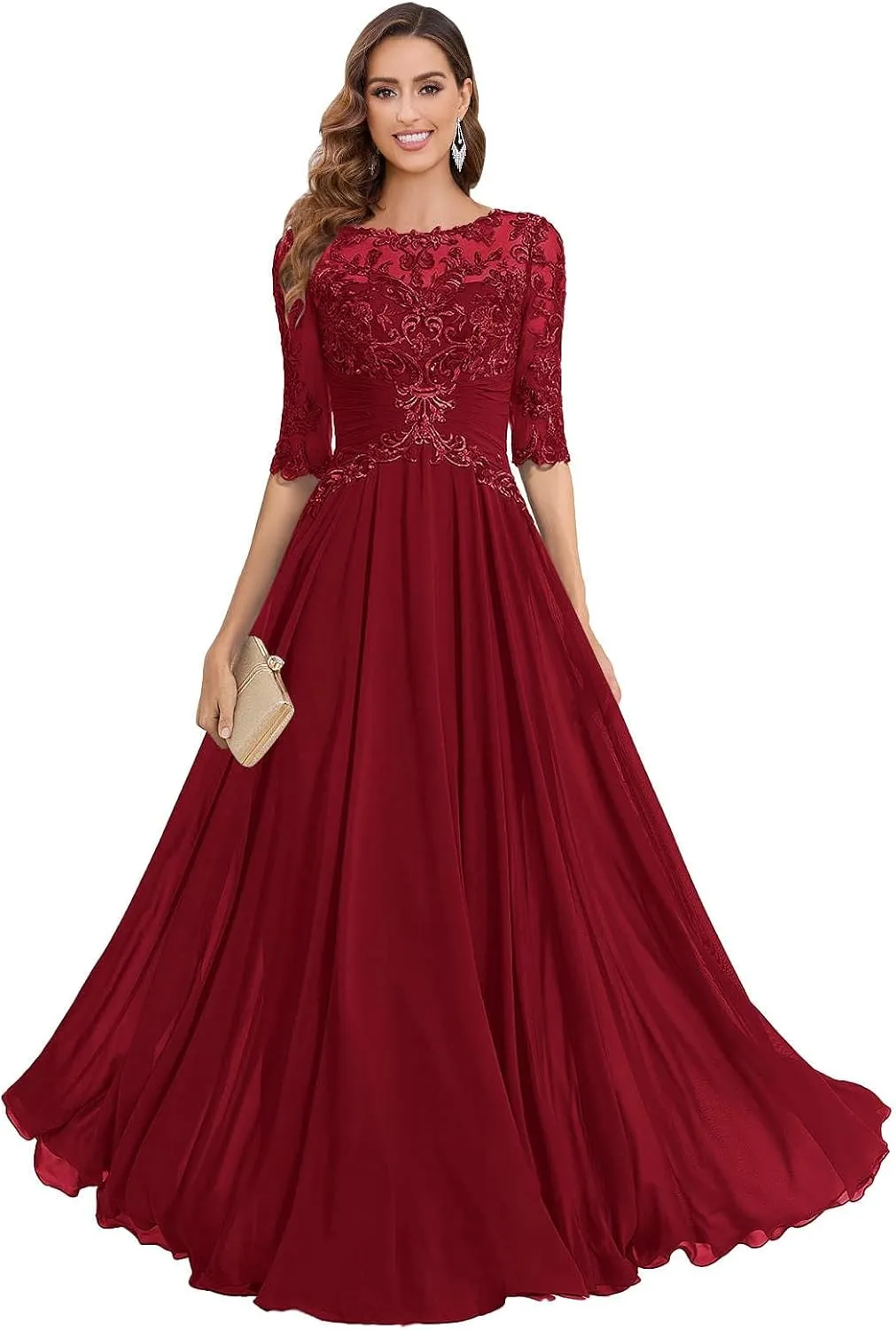 POMUYOO Lace Mother of The Bride Dresses for Wedding A Line Long Chiffon Formal Evening Gown with Sleeves