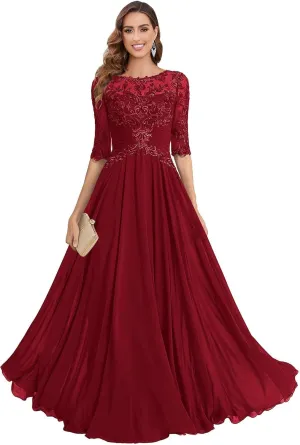 POMUYOO Lace Mother of The Bride Dresses for Wedding A Line Long Chiffon Formal Evening Gown with Sleeves