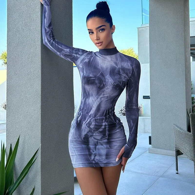 Printed slim round neck hip dress