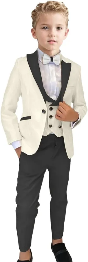 ProPoFol Boys Tuxedo Suit 3 Piece Jacquard Slim Fit Suits for Kids Peak Lapel Formal for Wedding Jacket Vest Pants