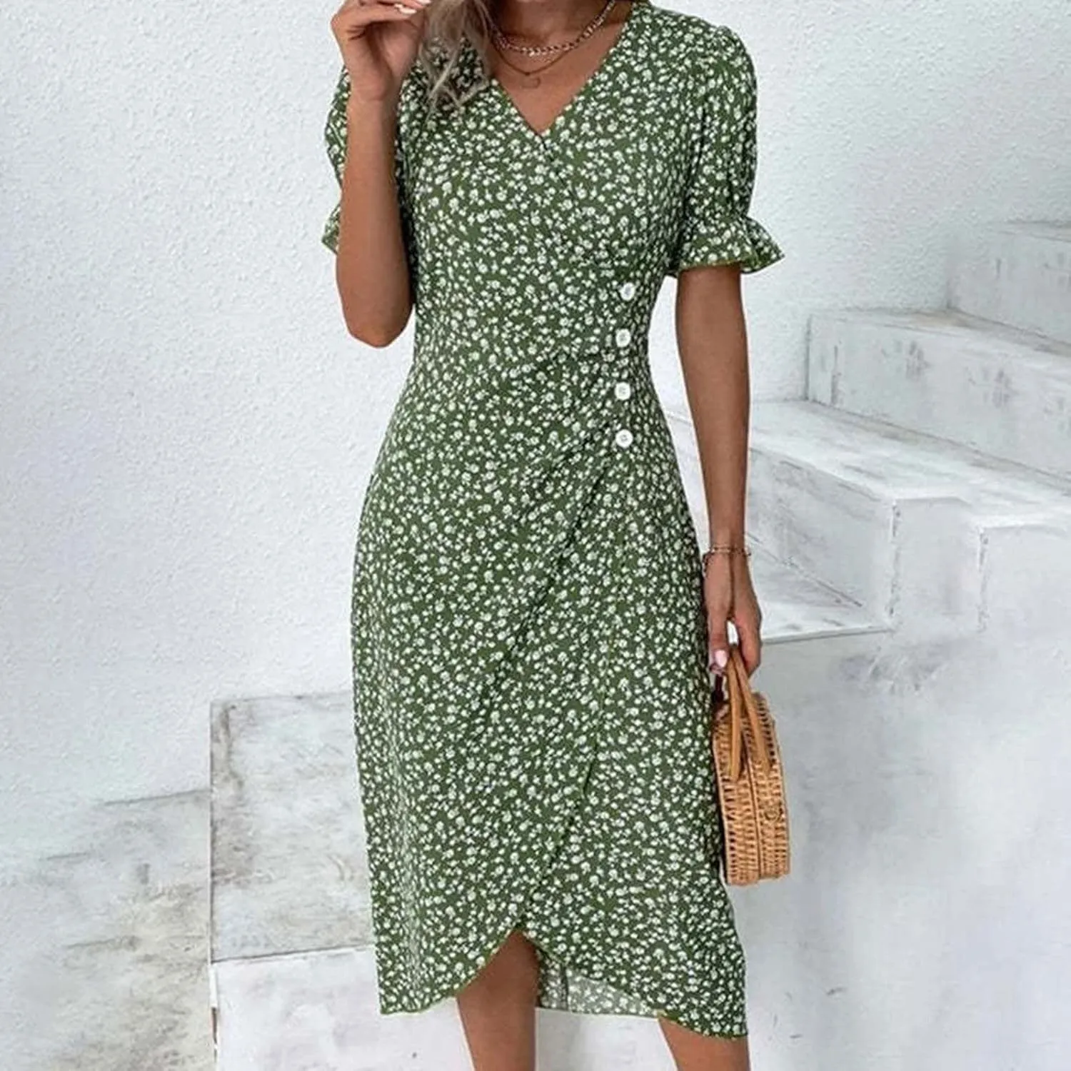 PTOLOCIF Women's Button V Neck Bubble Sleeve Irregular Hem Dress Plus Size T Shirt Dress