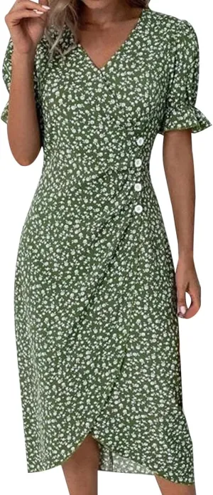 PTOLOCIF Women's Button V Neck Bubble Sleeve Irregular Hem Dress Plus Size T Shirt Dress