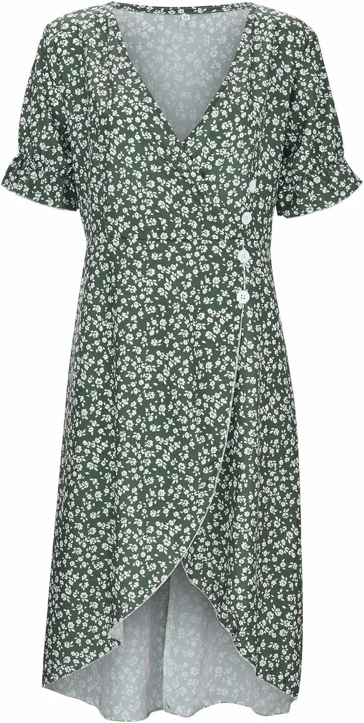 PTOLOCIF Women's Button V Neck Bubble Sleeve Irregular Hem Dress Plus Size T Shirt Dress