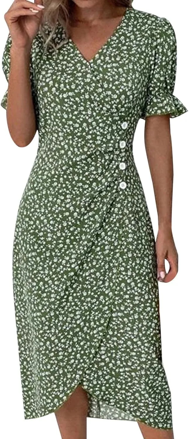 PTOLOCIF Women's Button V Neck Bubble Sleeve Irregular Hem Dress Plus Size T Shirt Dress
