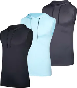 Real Essentials 3 Pack: Mens Dry-Fit Active Hooded Tank Top - Workout Sleeveless Hoodie Drawstring (Available in Big & Tall)