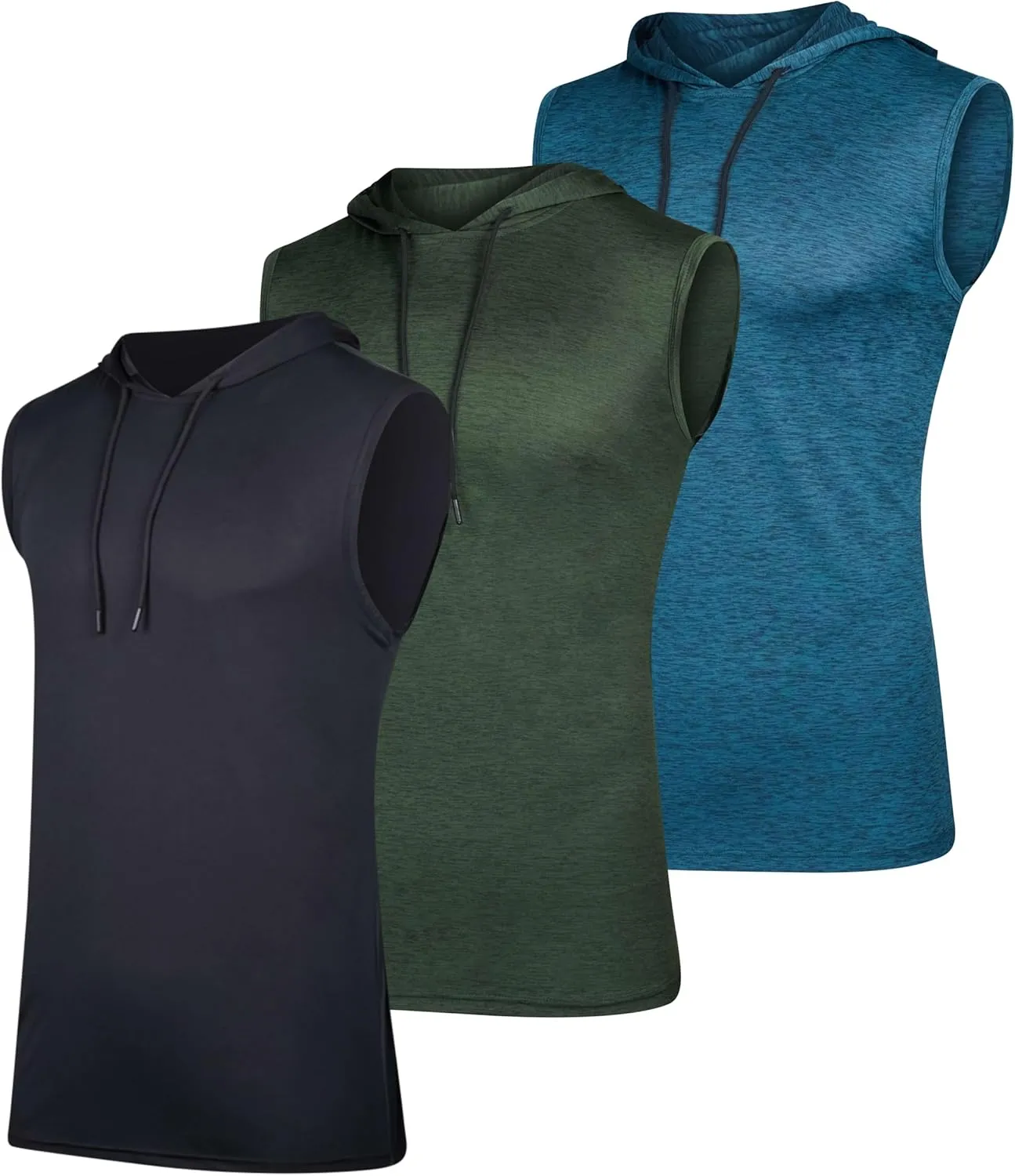 Real Essentials 3 Pack: Mens Dry-Fit Active Hooded Tank Top - Workout Sleeveless Hoodie Drawstring (Available in Big & Tall)