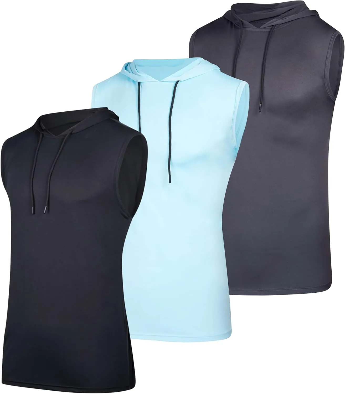 Real Essentials 3 Pack: Mens Dry-Fit Active Hooded Tank Top - Workout Sleeveless Hoodie Drawstring (Available in Big & Tall)