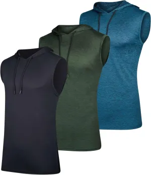Real Essentials 3 Pack: Mens Dry-Fit Active Hooded Tank Top - Workout Sleeveless Hoodie Drawstring (Available in Big & Tall)
