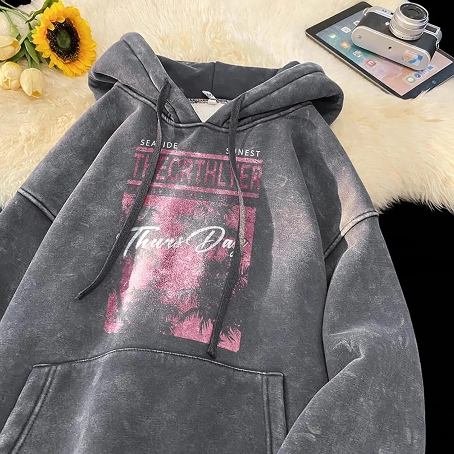Retro Washed Hoodies Mens Distressed Hoodie Sweatshirt Graphic Heavyweight Pullover Sweatshirt