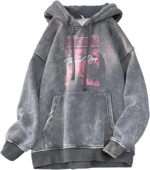 Retro Washed Hoodies Mens Distressed Hoodie Sweatshirt Graphic Heavyweight Pullover Sweatshirt