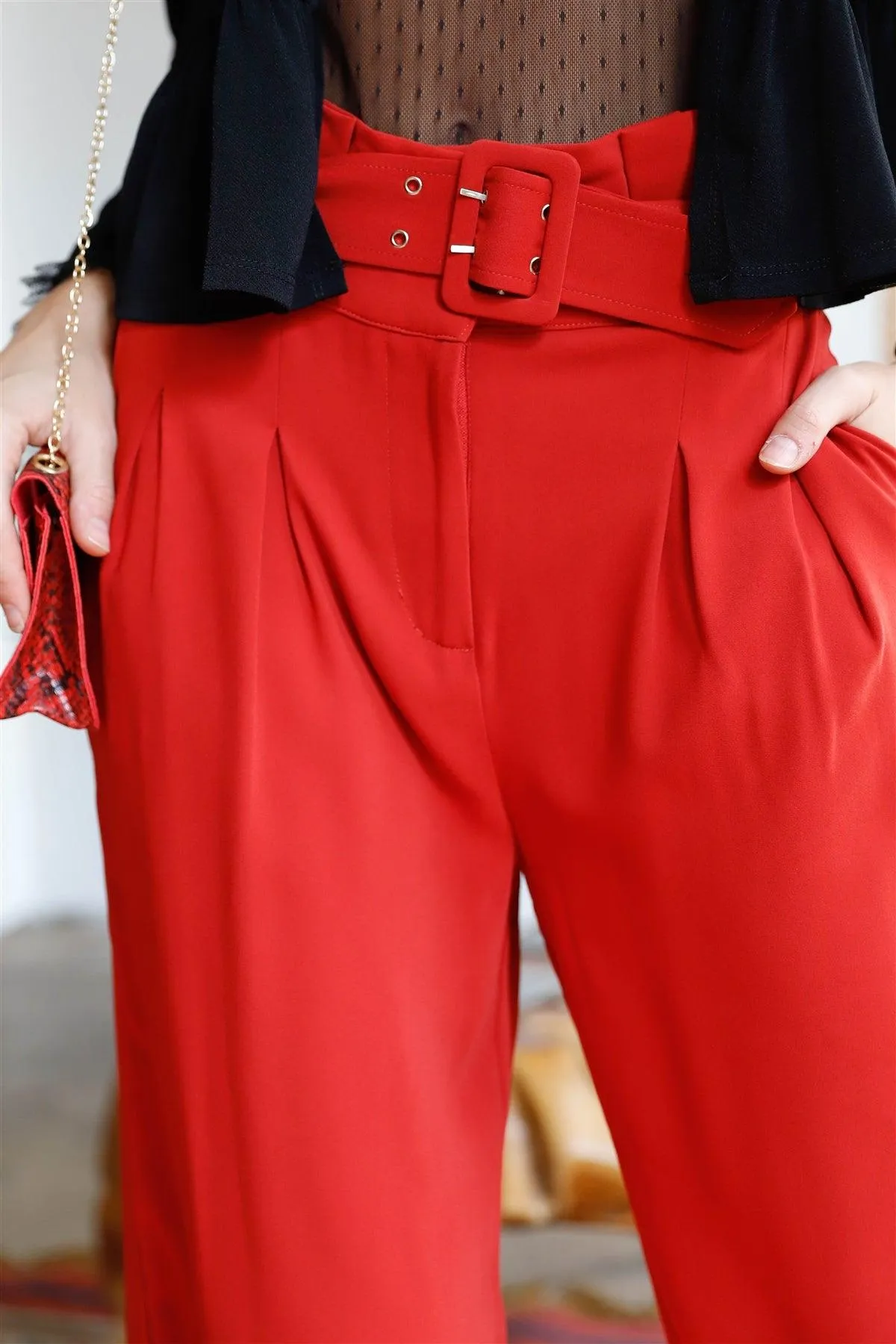 Rust Fold Pleated Belted High Waist Wide Leg Pants /2-3-2