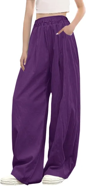 SANGTREE Girls & Woman Wide Leg Pants Lightweight Casual Elastic High Waist Straight Leg Loose Trousers,4 Years - Woman 2XL
