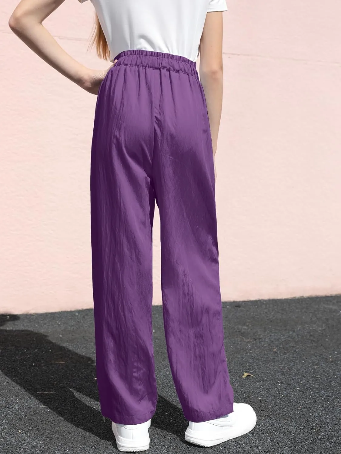 SANGTREE Girls & Woman Wide Leg Pants Lightweight Casual Elastic High Waist Straight Leg Loose Trousers,4 Years - Woman 2XL
