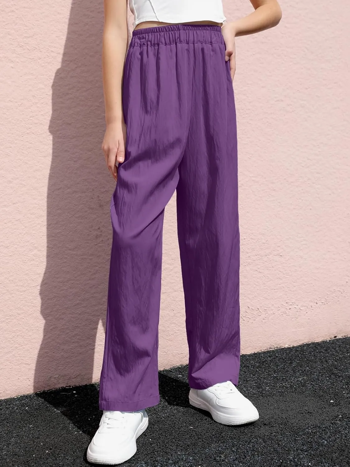 SANGTREE Girls & Woman Wide Leg Pants Lightweight Casual Elastic High Waist Straight Leg Loose Trousers,4 Years - Woman 2XL