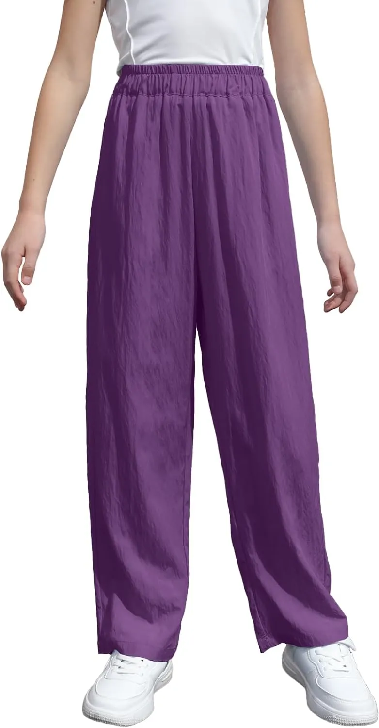 SANGTREE Girls & Woman Wide Leg Pants Lightweight Casual Elastic High Waist Straight Leg Loose Trousers,4 Years - Woman 2XL