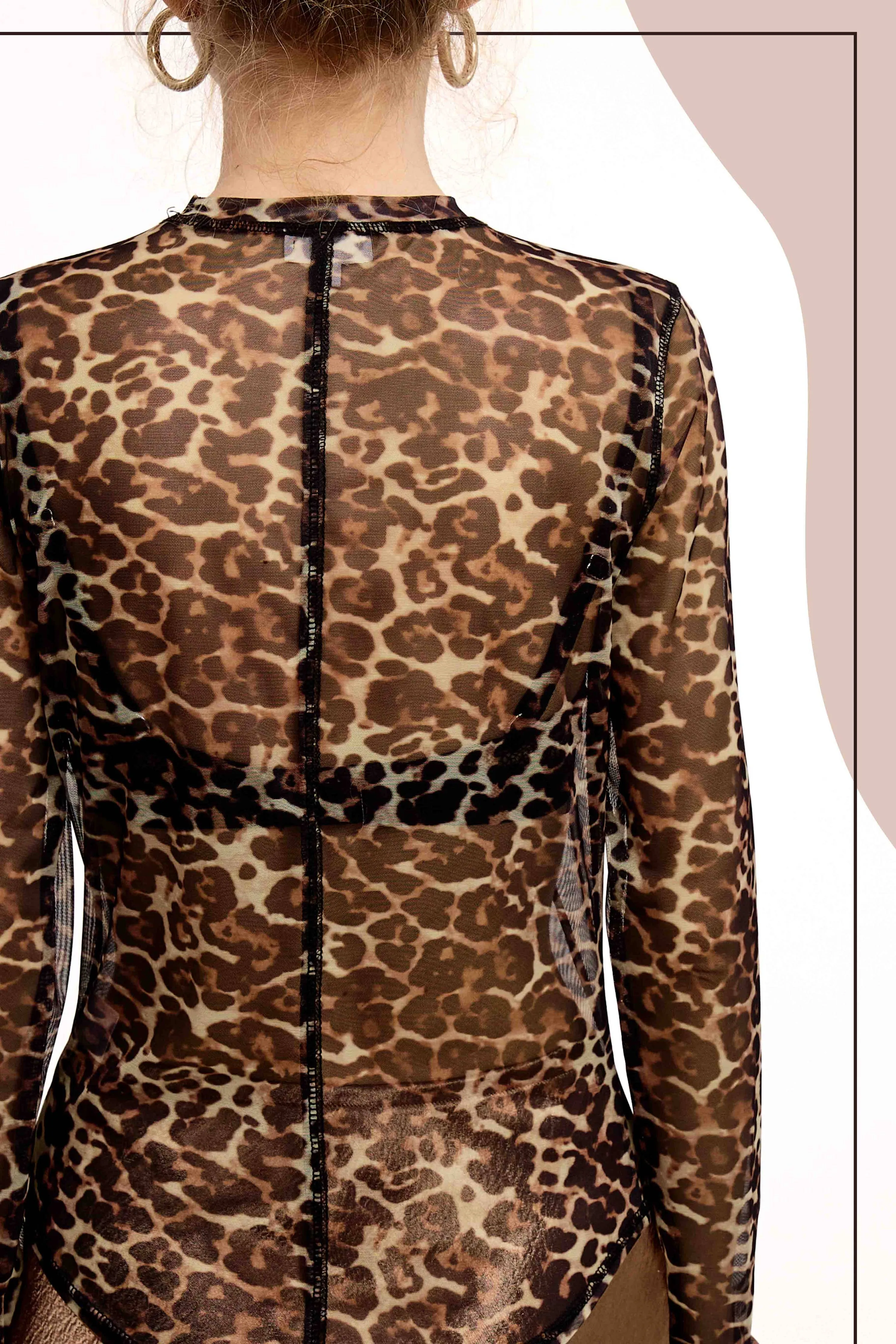 Semi Sheer Leopard Printed Long Sleeve Mesh Top