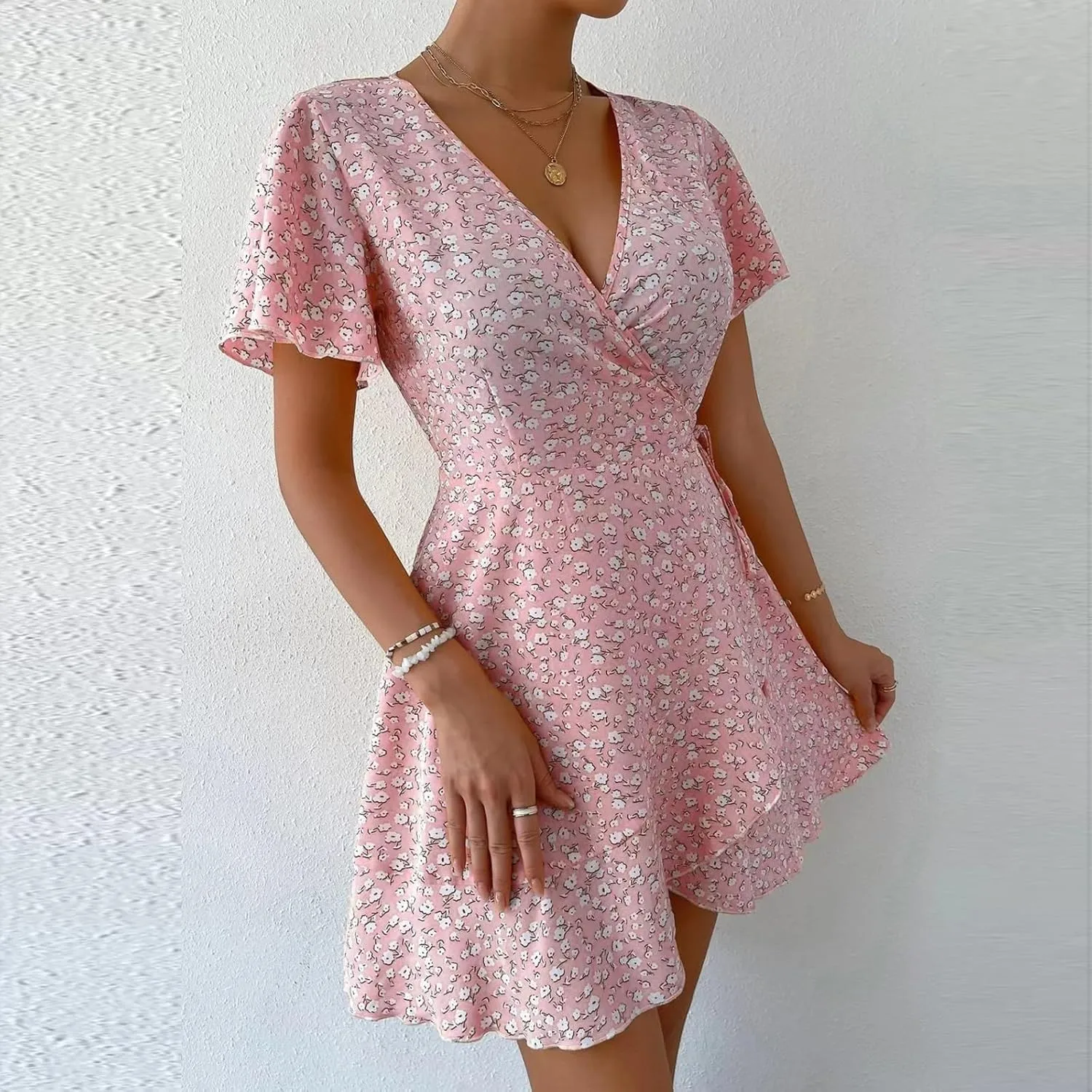 Sexy Dresses for Women V Neck Short Sleeve Casual Short Summer Dresses Boho Ruffle Tie Waist Flowy Floral Mini Dress