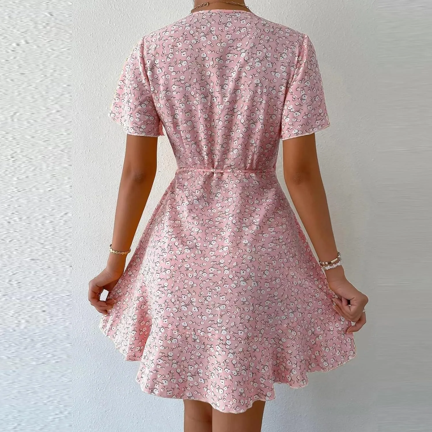 Sexy Dresses for Women V Neck Short Sleeve Casual Short Summer Dresses Boho Ruffle Tie Waist Flowy Floral Mini Dress