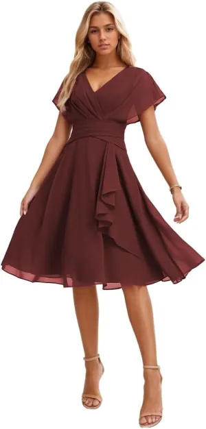 Short Bridesmaid Dresses for Wedding Ruffles Chiffon Formal Dress Corset Evening Gown with Sleeves