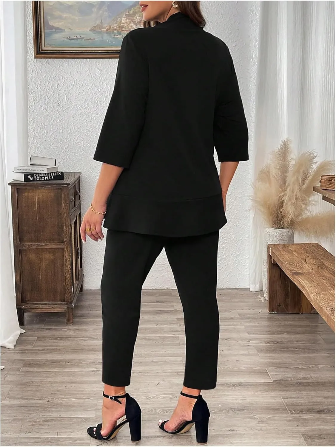 SOLY HUX Women's Plus Size 2 Piece Outfit Open Front 3/4 Sleeve Blazer and Pants Business Casual Set