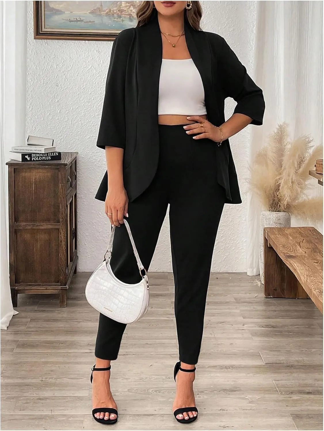 SOLY HUX Women's Plus Size 2 Piece Outfit Open Front 3/4 Sleeve Blazer and Pants Business Casual Set
