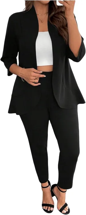 SOLY HUX Women's Plus Size 2 Piece Outfit Open Front 3/4 Sleeve Blazer and Pants Business Casual Set