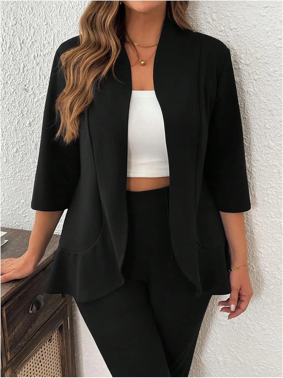 SOLY HUX Women's Plus Size 2 Piece Outfit Open Front 3/4 Sleeve Blazer and Pants Business Casual Set