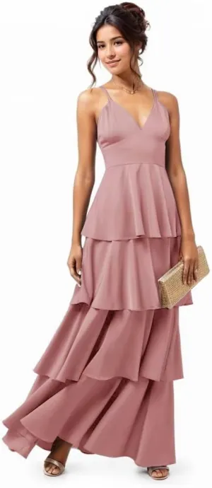 Spaghetti Straps V-Neck Bridesmaid Dresses for Wedding Ruffle Pleated Satin Tiered Formal Party Evening Gowns