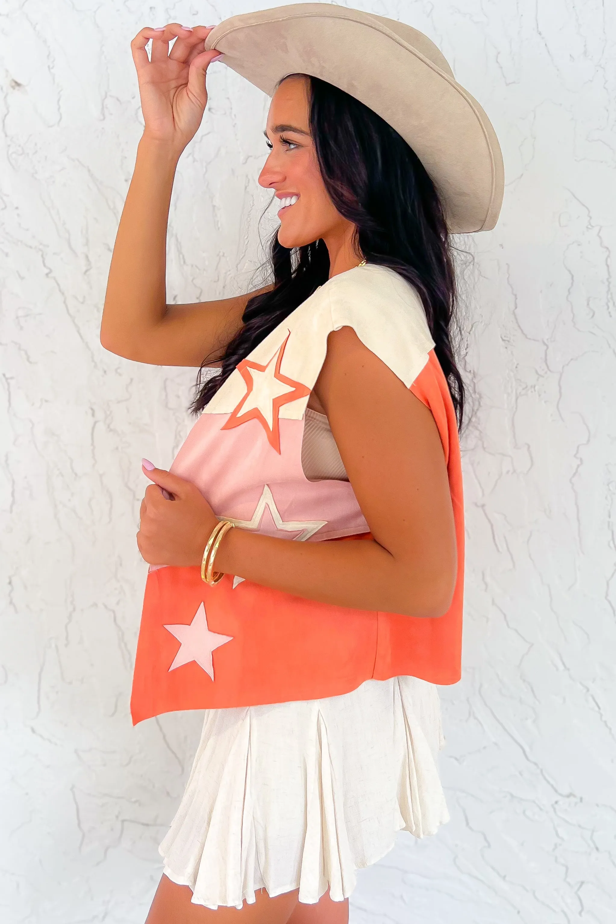 Starry Eyed Orange & Pink Suede Star Patch Vest